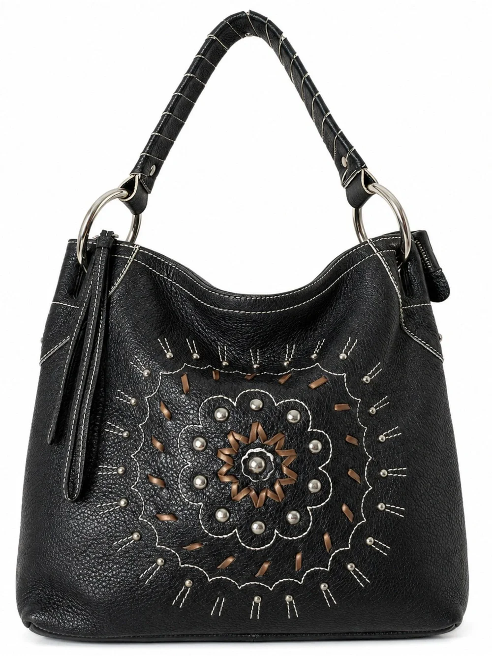 Franco Sarto Black Leather Studded Floral Hobo Shoulder Bag